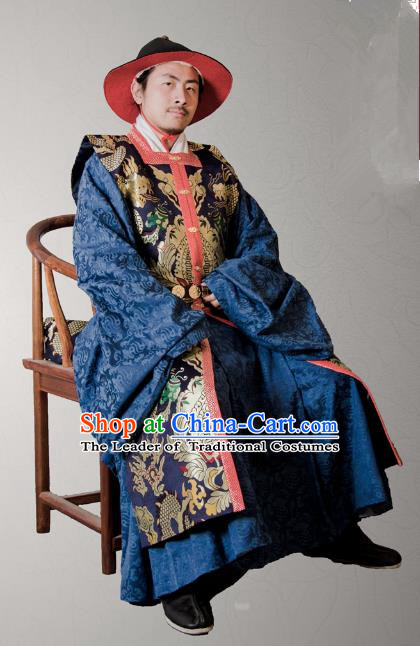 Asian China Ming Dynasty Swordsman Costume Blue Brocade Vest, Traditional Ancient Chinese Imperial Emperor Waistcoat Clothing for Men