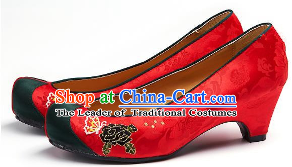 Traditional Korean National Embroidered Shoes, Asian Korean Hanbok Pink Wedding Shoes for Women