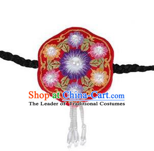 Traditional Korean Hair Accessories, Asian Korean Fashion Headwear Embroidered Tassel Red Hair Clasp for Kids