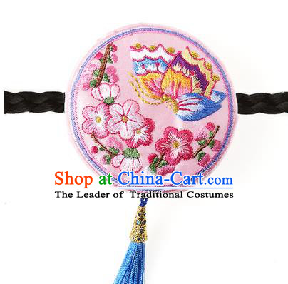 Traditional Korean Hair Accessories Embroidered Butterfly Pink Hair Clasp, Asian Korean Fashion Headwear Headband for Kids