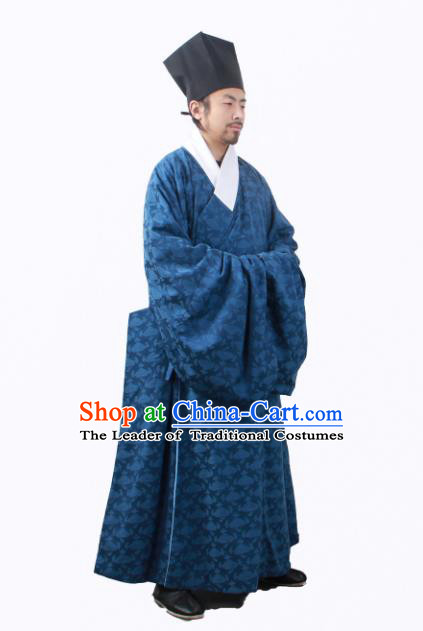 Asian China Han Dynasty Minister Costume Blue Robe, Traditional Ancient Chinese Chancellor Hanfu Clothing for Men