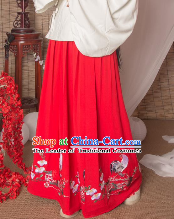 Asian China Ming Dynasty Palace Lady Costume Red Skirt, Traditional Ancient Chinese Imperial Princess Hanfu Embroidered Skirt Clothing for Women