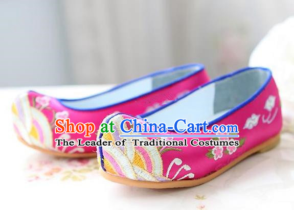 Traditional Korean National Embroidered Shoes, Asian Korean Hanbok Children Pink Bride Shoes for Girls