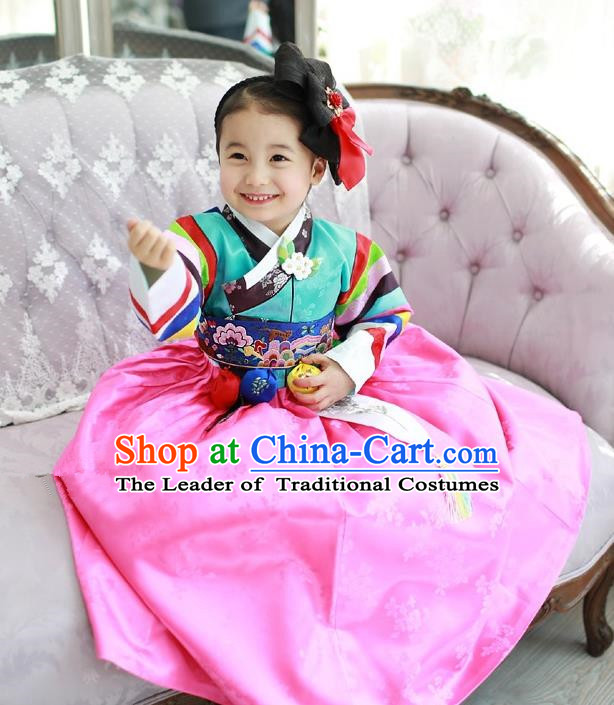 Traditional Korean National Handmade Court Embroidered Costume Green Blouse and Pink Dress, Asian Korean Hanbok Clothing for Kids