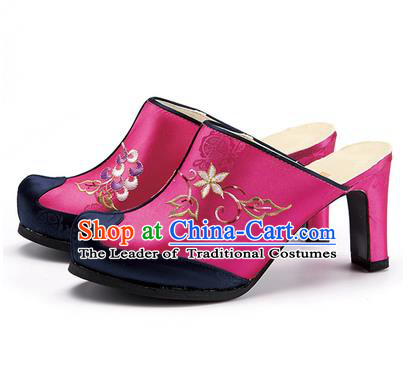 Traditional Korean National Wedding Rosy Embroidered Shoes, Asian Korean Hanbok Bride High-heeled Shoes for Women