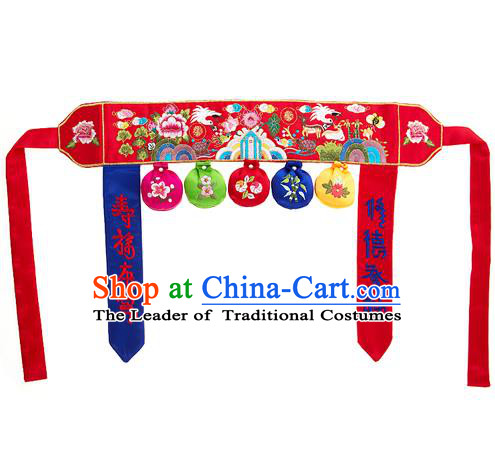 Traditional Korean Accessories Embroidered Red Belts, Asian Korean Fashion National Waistband for Kids