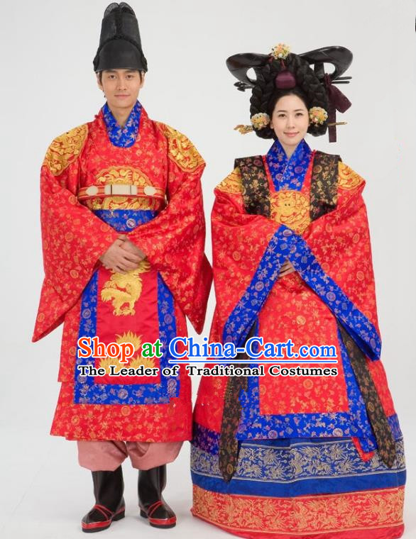 Traditional Korean National Handmade Court Embroidered Wedding Clothing, Asian Korean Apparel Hanbok Embroidery Bride and Bridegroom Costume for Women for Men