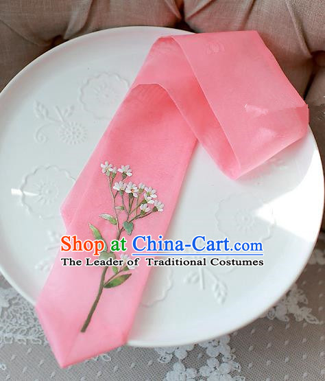 Traditional Korean Hair Accessories Embroidered Pink Hair Ribbon, Asian Korean Fashion Wedding Headband for Kids