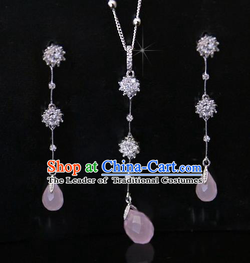 Traditional Korean Accessories Pink Crystal Necklace and Earrings, Asian Korean Fashion Wedding Jewelry for Women