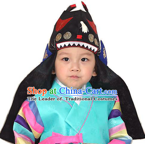 Traditional Korean Hair Accessories Embroidered Hat, Asian Korean Fashion Prince Black Hats for Kids