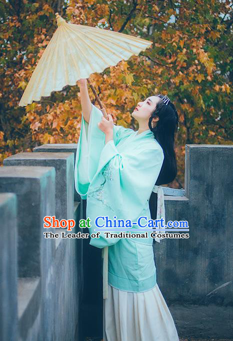 Asian China Han Dynasty Palace Lady Costume Blue Curve Bottom, Traditional Ancient Chinese Imperial Princess Hanfu Embroidered Clothing for Women