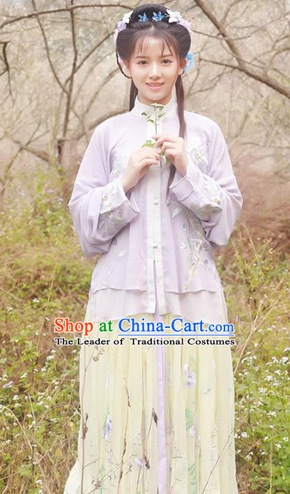 Asian China Ming Dynasty Young Lady Costume Blouse and Skirt, Traditional Ancient Chinese Imperial Princess Hanfu Embroidered Clothing for Women