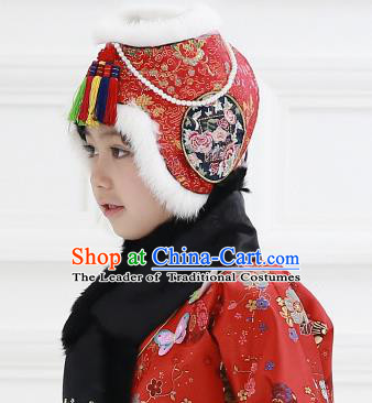 Traditional Korean Hair Accessories Bride Red Embroidered Hats, Asian Korean Fashion Wedding Headwear for Kids