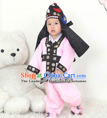 Traditional Korean Handmade Hanbok Embroidered Pink Costume and Hats, Asian Korean Apparel Hanbok Embroidery Clothing for Boys