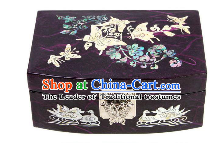 Traditional Korean Craft Handmade Printing Crane Purple Shell Cosmetic Container, Asian Korean Wedding Jewellery Box for Women