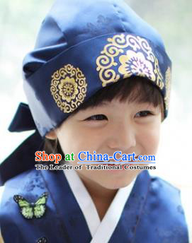 Traditional Korean Hair Accessories Palace Prince Blue Hats, Asian Korean Fashion Children Wedding Headwear for Boys