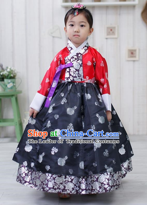 Traditional Korean Handmade Formal Occasions Embroidered Palace Princess Hanbok Navy Dress Clothing for Girls