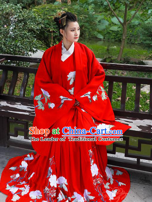 Asian China Han Dynasty Palace Lady Wedding Costume Red Embroidered Cloak, Traditional Chinese Ancient Hanfu Cape Clothing for Women