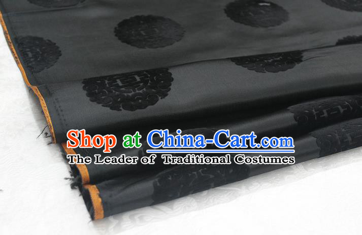 Chinese Traditional Royal Palace Longevity Pattern Black Brocade Mongolian Robe Fabric, Chinese Ancient Costume Satin Hanfu Tang Suit Material