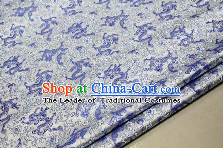 Chinese Traditional Royal Palace Blue Dragons Pattern Tang Suit White Brocade Fabric, Chinese Ancient Costume Satin Hanfu Mongolian Robe Material