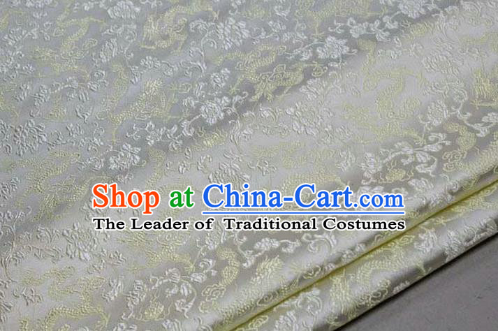 Chinese Traditional Royal Palace Yellow Dragons Pattern Tang Suit White Brocade Fabric, Chinese Ancient Costume Satin Hanfu Mongolian Robe Material