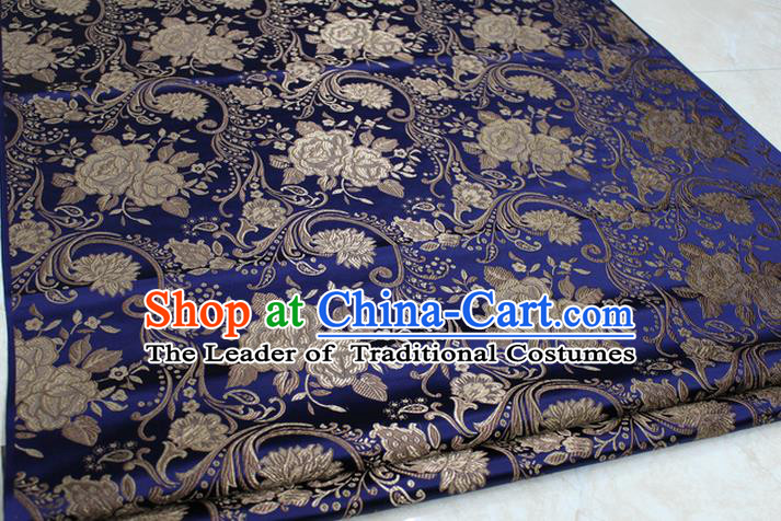 Chinese Traditional Royal Palace Rose Pattern Royalblue Brocade Mongolian Robe Fabric, Chinese Ancient Costume Satin Hanfu Tang Suit Material