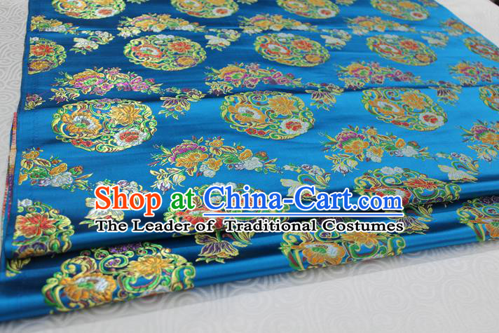 Chinese Traditional Ancient Costume Palace Round Peony Pattern Mongolian Robe Blue Nanjing Brocade Tang Suit Fabric Hanfu Material