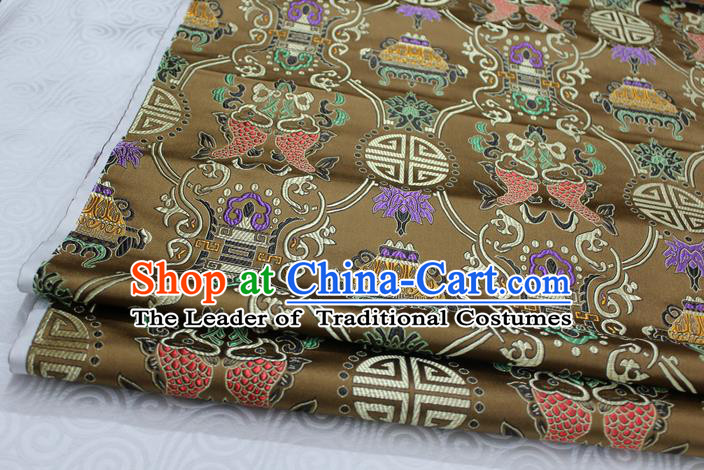 Chinese Traditional Ancient Costume Palace Double Fish Pattern Brown Nanjing Brocade Cheongsam Satin Mongolian Robe Fabric Hanfu Material