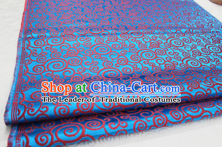 Chinese Traditional Ancient Costume Palace Clouds Pattern Lake Blue Brocade Cheongsam Satin Mongolian Robe Fabric Hanfu Material