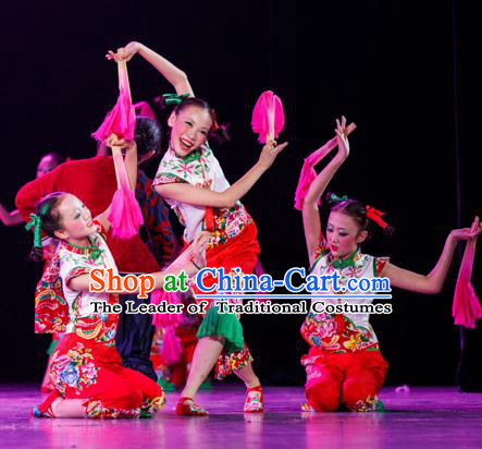 Traditional Chinese Yangge Fan Dance Costume, Folk Dance Drum Dance Uniform Yangko Clothing for Kids