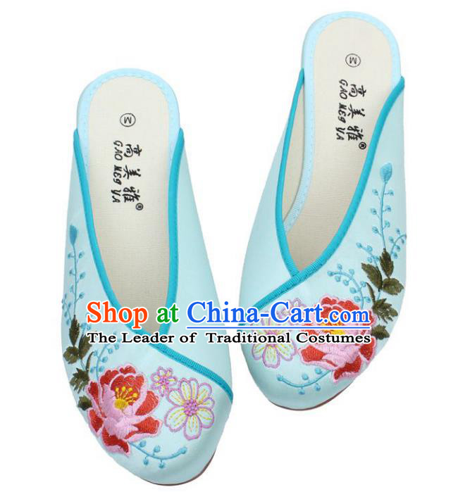 Traditional Chinese National Light Blue Embroidered Shoes, China Handmade Embroidery Peony Hanfu Slippers for Women