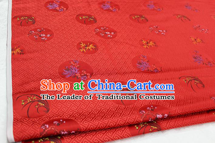 Chinese Traditional Wedding Clothing Tang Suit Red Brocade Ancient Costume Palace Plum Blossom Orchid Bamboo Chrysanthemum Pattern Satin Fabric Hanfu Material