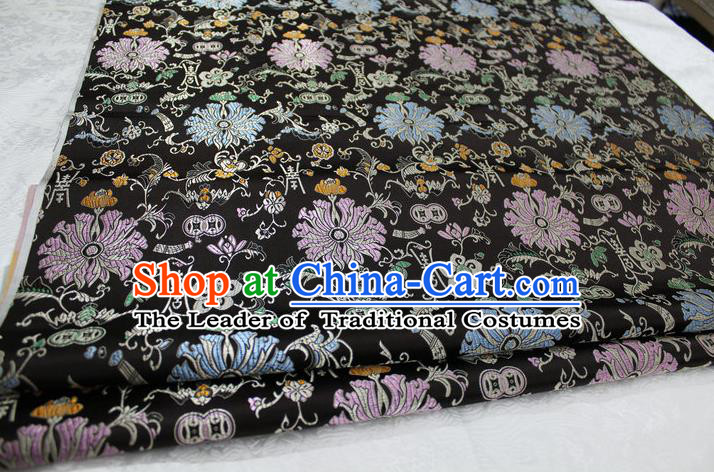 Chinese Traditional Clothing Palace Pattern Cheongsam Black Brocade Ancient Costume Mongolian Robe Satin Fabric Hanfu Material