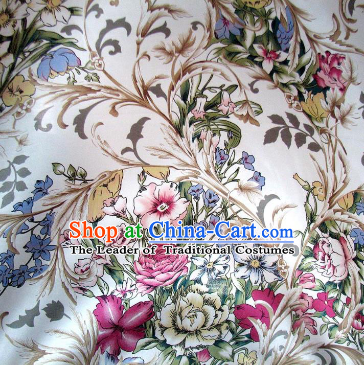 Chinese Traditional Royal Palace Printing Flowers White Brocade Mongolian Robe Fabric Ancient Costume Tang Suit Cheongsam Hanfu Material