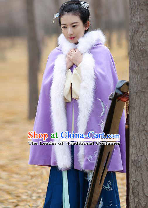 Traditional Chinese Ming Dynasty Young Lady Hanfu Costume Embroidered Purple Wool Short Cloak for Women