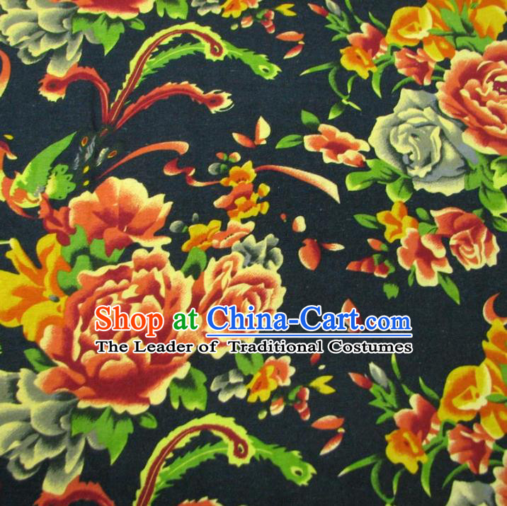 Chinese Traditional Palace Phoenix Peony Pattern Hanfu Black Cotton Fabric Ancient Costume Tang Suit Cheongsam Material