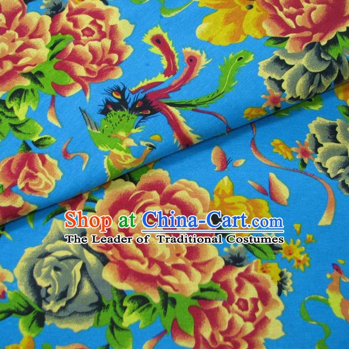 Chinese Traditional Palace Phoenix Peony Pattern Hanfu Blue Cotton Fabric Ancient Costume Tang Suit Cheongsam Material