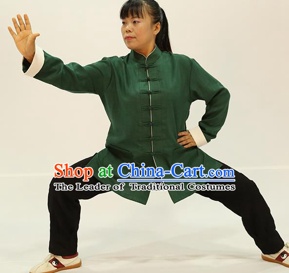 Traditional Chinese Kung Fu Green Linen Costume, China Martial Arts Uniform Tai Ji Tang Suit Plated Buttons Clothing for Women