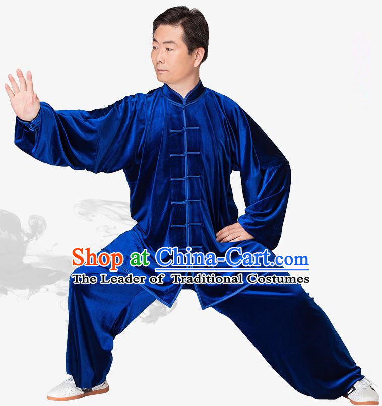 Chinese Kung Fu Royalblue Velvet Costume, China Traditional Martial Arts Kung Fu Tai Ji Uniform for Women for Men