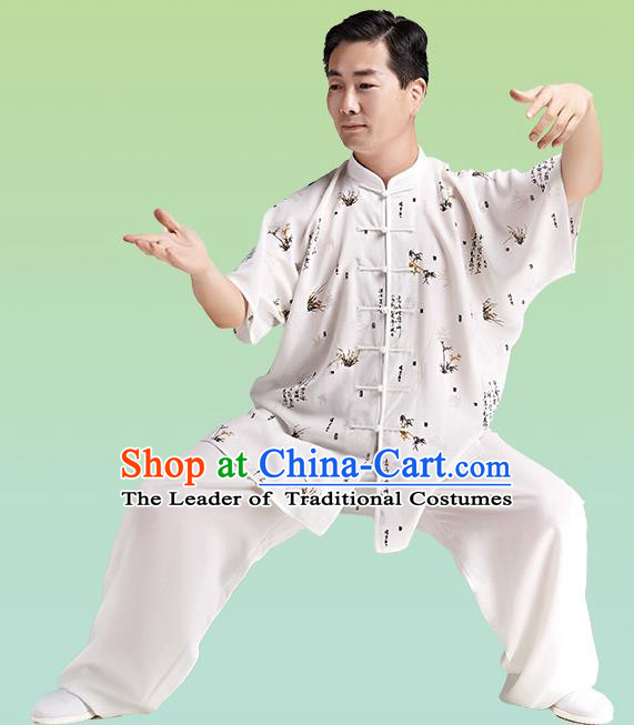 Chinese Linen Kung Fu Short Sleeve Costume, China Traditional Martial Arts Kung Fu Tai Ji Training Uniform for Adult