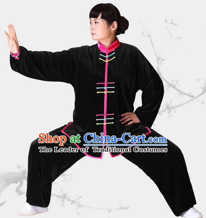 Traditional Chinese Kung Fu Black Velvet Costume, China Martial Arts Tai Ji Clothing for Women