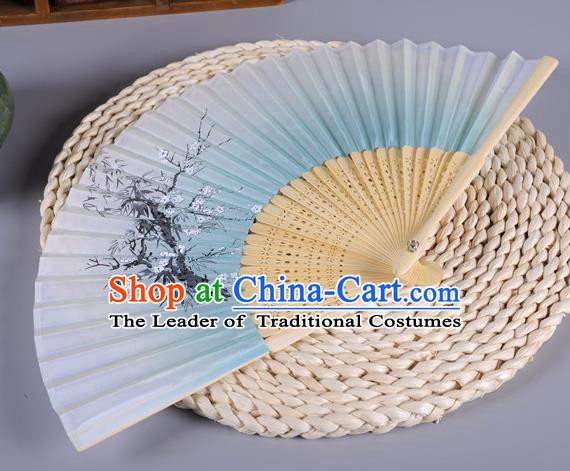 Traditional Chinese Crafts Printing Wintersweet Blue Silk Folding Fan China Oriental Fans for Women