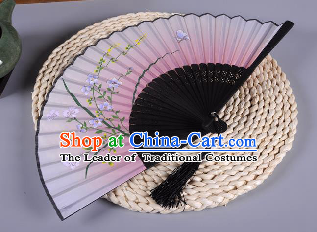 Traditional Chinese Crafts Printing Orchid Pink Silk Folding Fan China Oriental Fans for Women