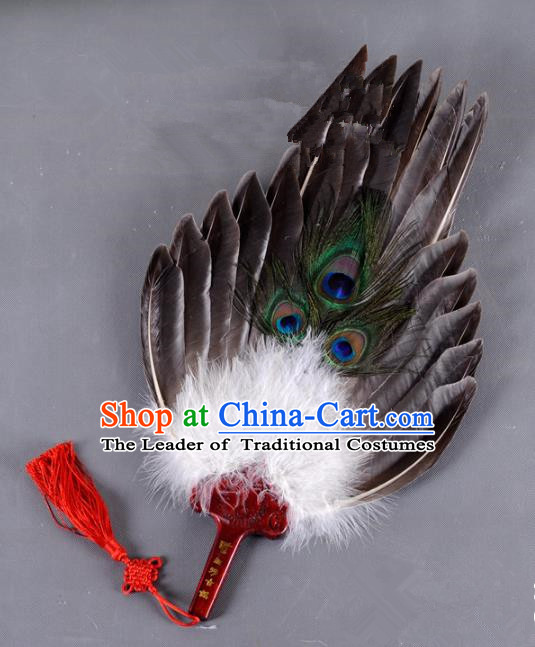 Traditional Chinese Crafts Folding Fan China Black Feather Fan Oriental Fan Zhuge Liang Fans