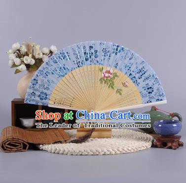 Traditional Chinese Crafts Hand Painted Peony Blue Silk Folding Fan China Oriental Fans for Women