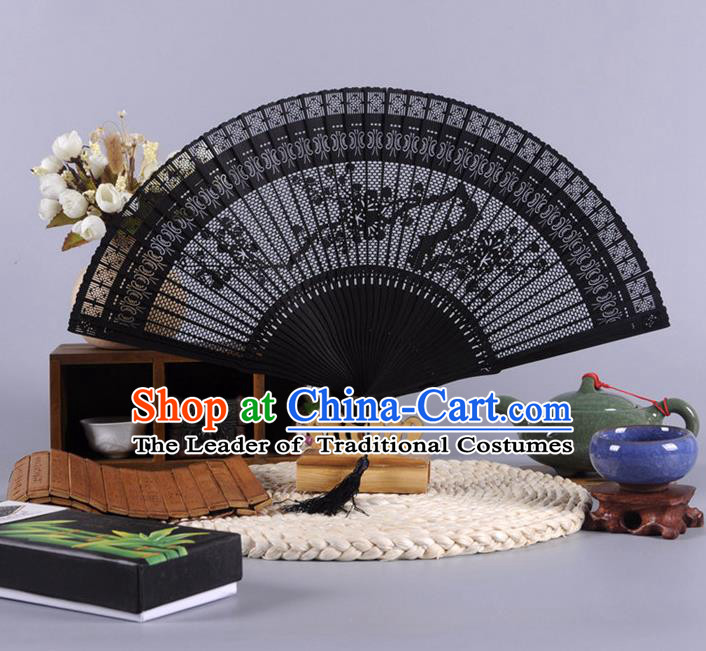 Traditional Chinese Crafts Hollow Out Wintersweet Folding Fan China Oriental Black Bamboo Fans for Women