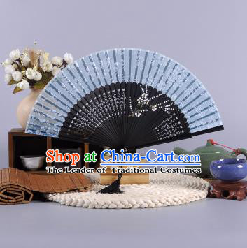 Traditional Chinese Crafts Hand Painted Plum Blossom Blue Silk Folding Fan China Oriental Fans for Women