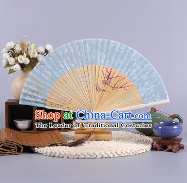 Traditional Chinese Crafts Hand Painted Wintersweet Blue Silk Folding Fan China Oriental Fans for Women