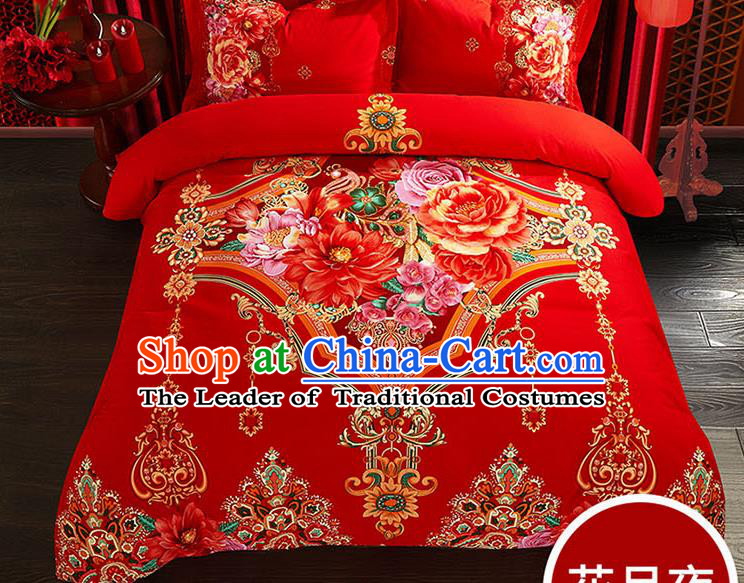 Traditional Chinese Wedding Red Qulit Cover Printing Peony Bedding Sheet Four-piece Duvet Cover Textile Complete Set