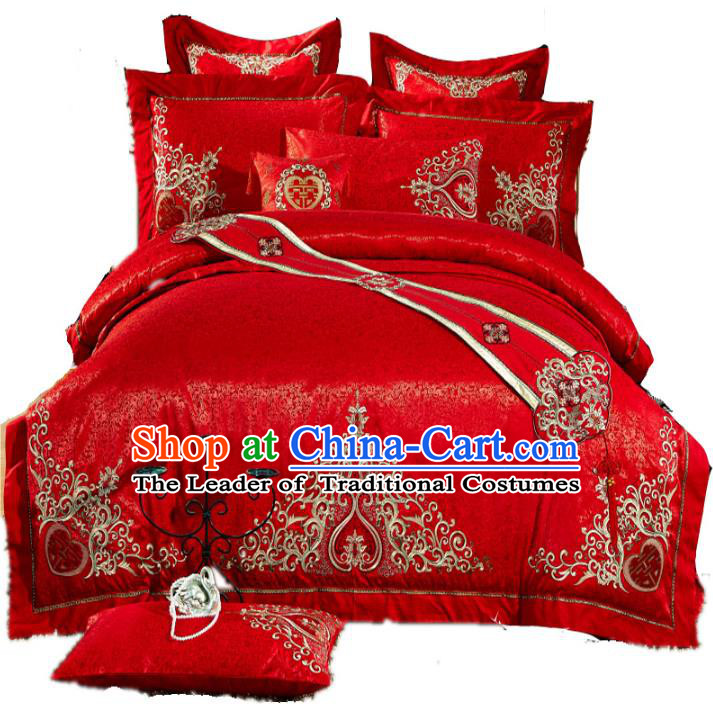 Traditional Chinese Wedding Red Satin Qulit Cover Bedding Sheet Embroidered Ten-piece Duvet Cover Textile Complete Set